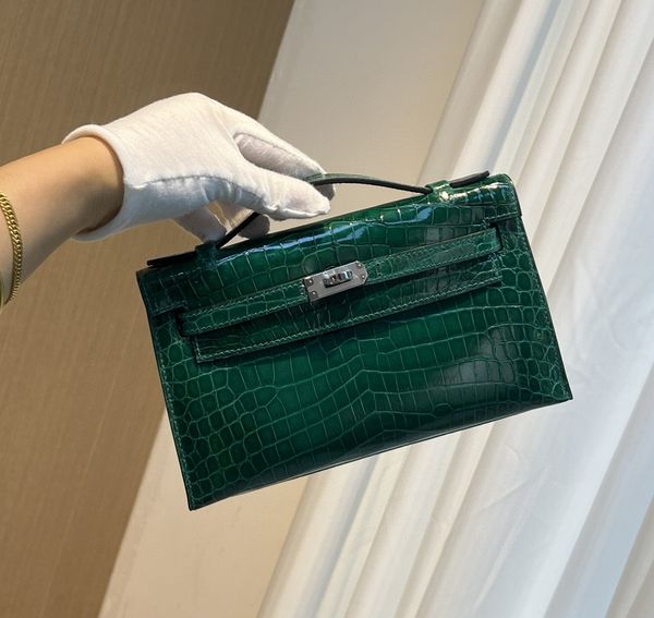 

22cm women totes brand bag shinny niloticus crocodile skin brand purse luxury clutch fully handmade quality wax line stitching vert emeraude