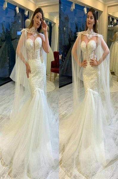 

luxury mermaid wedding dresses with shawl sweetheart feather beaded lace appliqued chapel wedding dress custom made robe de mariee9717777, White