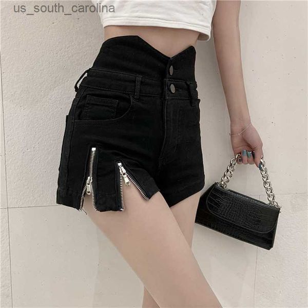 

s-5xl black denim shorts women high waist streetwear y2k casual fashion chic vintage gothic punk simple weet zippers l230522, White;black