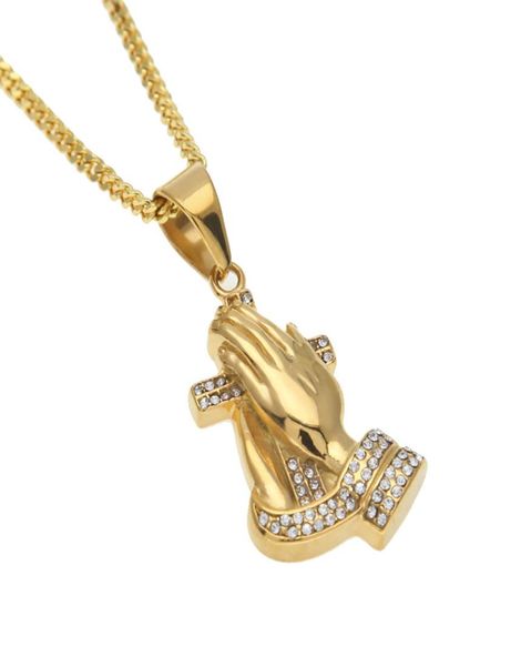 

new mens hip hop parying hands cross pendant iced out rhinestone stainless steel gold color pendant necklace chain punk jewelry9458856, Silver