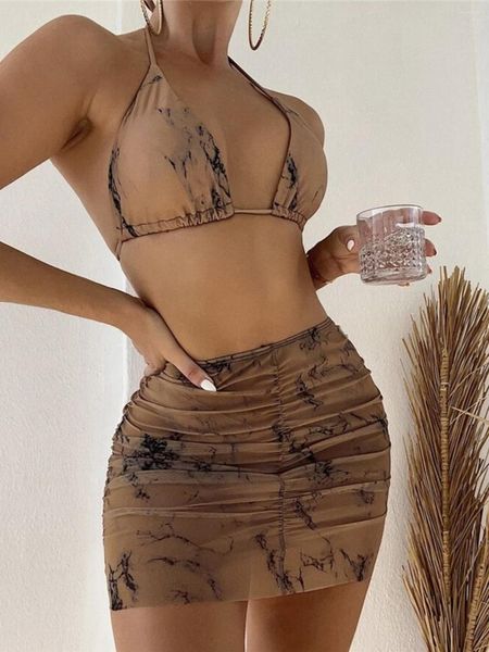 

women's swimwear 4 colors tie dye with skirt halter bikini female swimsuit women three-pieces set bather bathing suit swim v4082, White;black