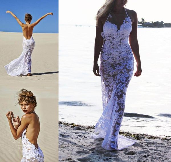 

style beach illusion wedding dresses white lace halter neck backless long sheath bridal gowns custom made w5759662553