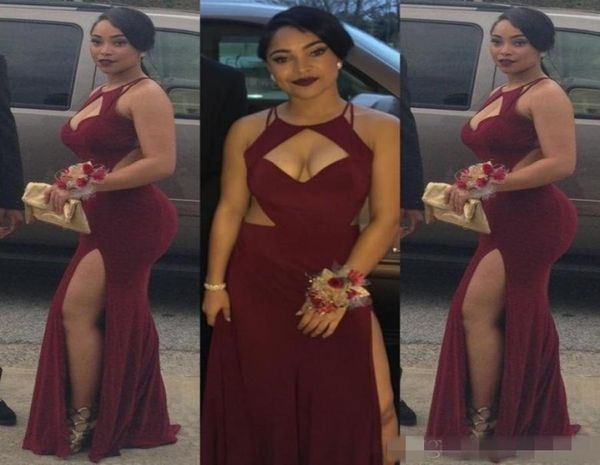 

burgundy mermaid prom dresses cutouts split long maroon evening gowns black girl fashion couples prom party gowns1990046