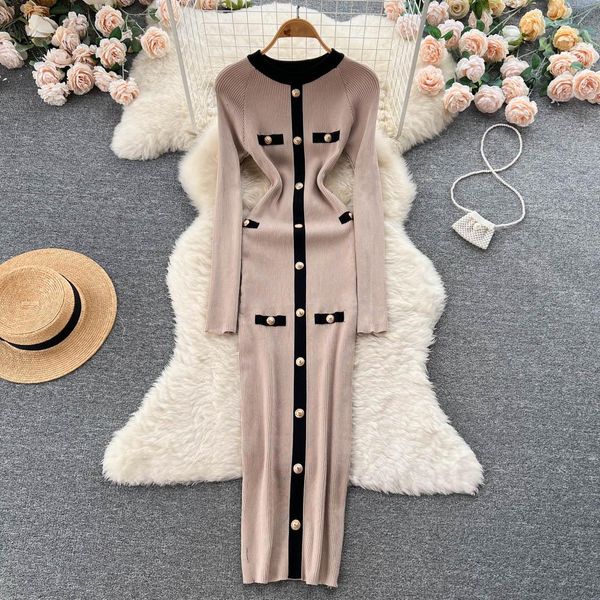 

dresses women chic long sleeve slim bodycon dress vintage french fashion knit tight vestido elegant slim autumn winter sweater robe, Black;gray