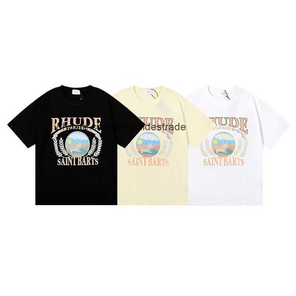 

designer t shirt small beauty trend rhudes sunset beach cozy pattern printing cotton casual loose short-sleeved t-shirt for men and women, White;black