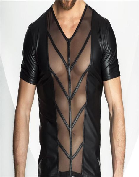 

lingerie plus size men exotic tanks catsuit latex pu nightwear mens see through tanks shirts exotic man3901208, Red;black