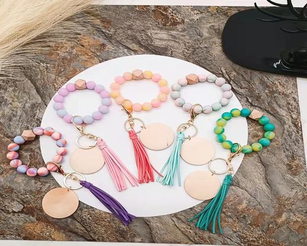 

foreign trade food grade silicone beads wrist keychain whole korean velvet handmade leather tassel blank disc keychain female 2409823, Silver