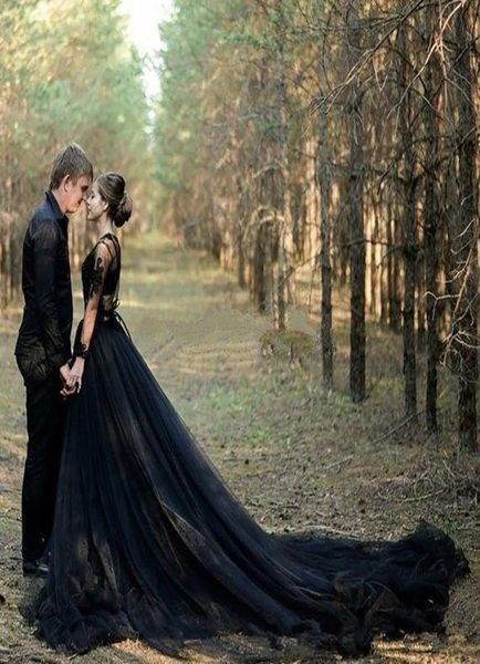 

black country gothic wedding dresses a line v neck lace tulle high split bridal gowns sweep train long sleeves wedding gowns plus 1626233, White