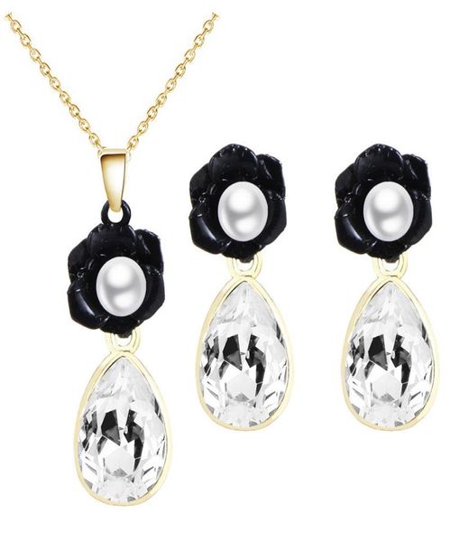 

black flower pearl teardrop crystal necklace earrings bridal jewelry set jewelry for female 800062100695, Silver