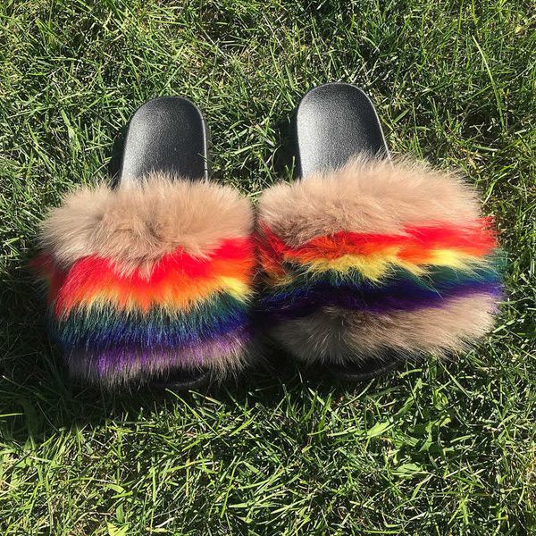 

sandals women plush fluffy fur slides essentials fashion ry multicolor sandals summer beach sweet flip flops 230417, Black