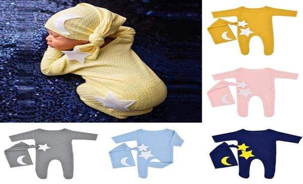 

kids rompers girls boys stars moon romper newborn infant solid color jumpsuitsknotted hats spring autumn fashion boutique baby ph1836108, Blue