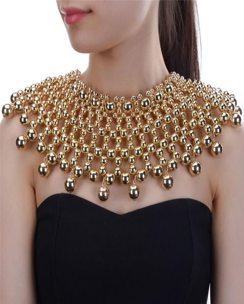 

multilayers super wide metal necklace shawl knitted beaded punk necklace pendant party ladies jewelry4590172, Silver