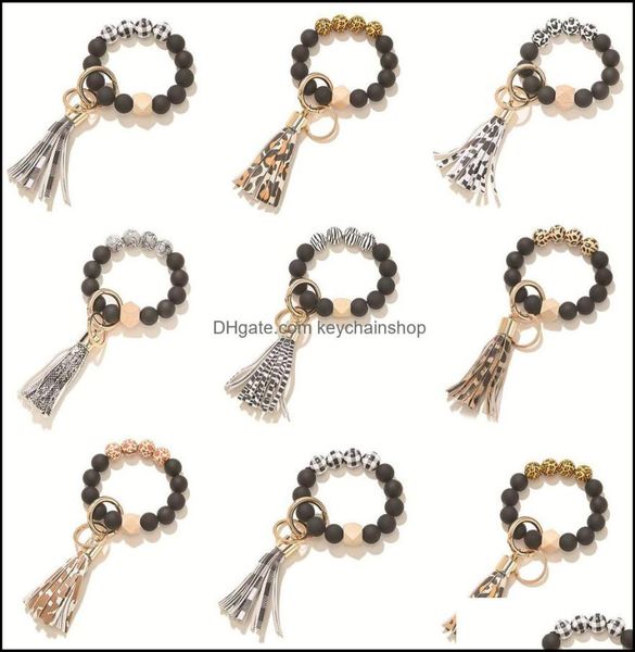 

keychains fashion accessories black frosted wooden bead bracelet keychain pattern tassel pendant bracelets women girl key ring wri4129228, Silver