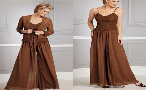 

two pieces chiffon mothers of the bride pants suits with long sleeves jacket spaghetti lace zipper back jumpsuits wedding party go9027847, Black;red