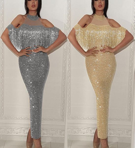 

full sequined reflective mermaid blue prom dresses beads sheer neck long sleeves evening gowns with tassels sweep train formal par5093234, Black