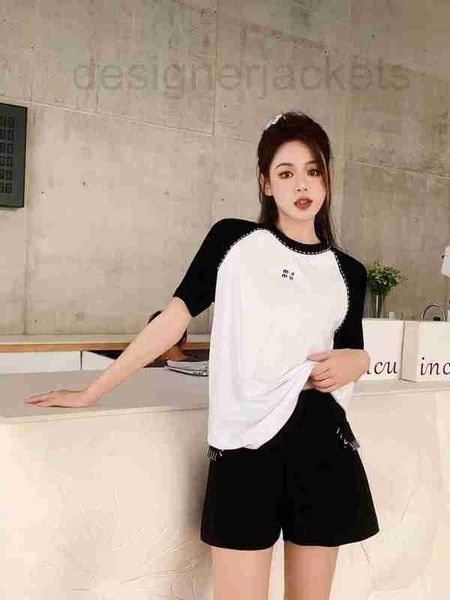 

women's t-shirt designer contrast raglan sleeve t-shirt for 2023 summer new fashionable round neck pullover panel short set gvrf, White
