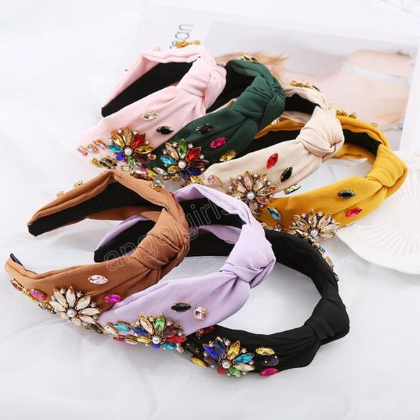 

fashion headband for women shining flower rhinestone headwear center knot turban for baroque hair accessories, Slivery;white