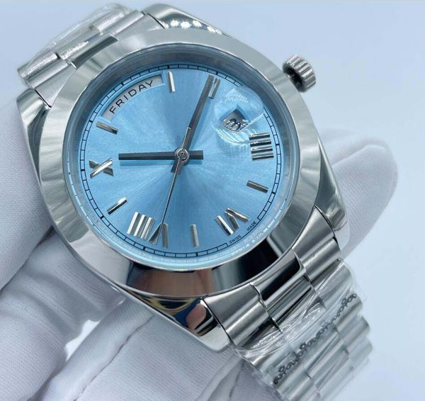 

classic 2 styles men' s wristwatches 41mm ice blue dial refined steel sapphire luminous auto date super quality cal. 2813 mechanical au, Slivery;brown