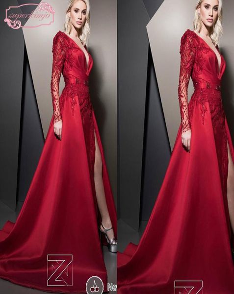 

ziad nakad evening dresses deep v neck beading sequins long sleeve front slit with detachable train satin long evening gowns arabi1404849, Black;red