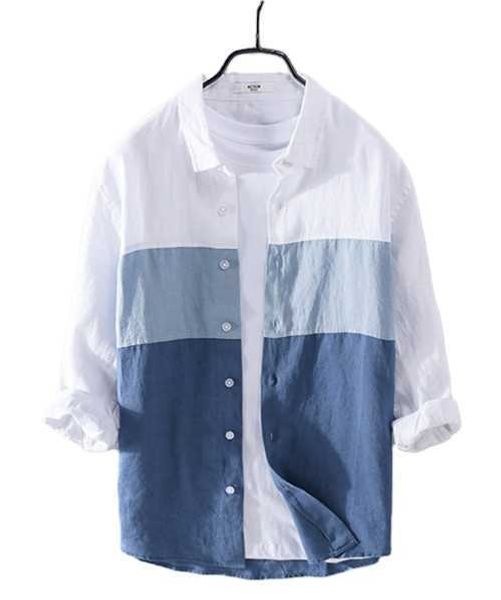 

linen men's lapel casual colorblock sleeve men's shirt ugxr, White;black