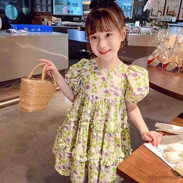 

girl's dresses toddler kids summer floral dessses for girls print short sleeve cotton casual dress children girl clothing baby 1-8y r23, Red;yellow