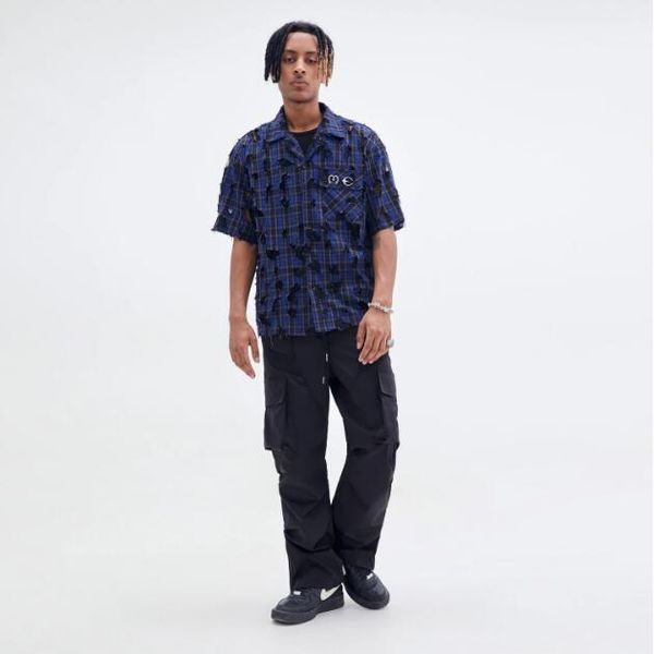 

summer streetwear tassel patchwork plaid short sleeved shirt men's and women's hip hop embroidery shirts, White;black