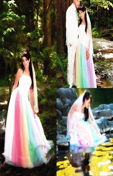 

2019 outdoor rainbow wedding dress strapless satin tulle floor length a line long colorful bridal gowns romantic custom mad8248547, White