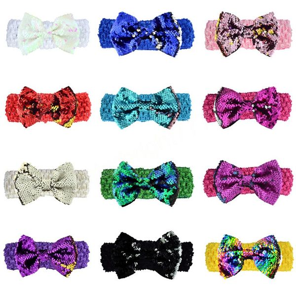 

solid color crochet weave elastic hairband baby girls glitter sequins bowknot headband boutique bows children headwear, Slivery;white