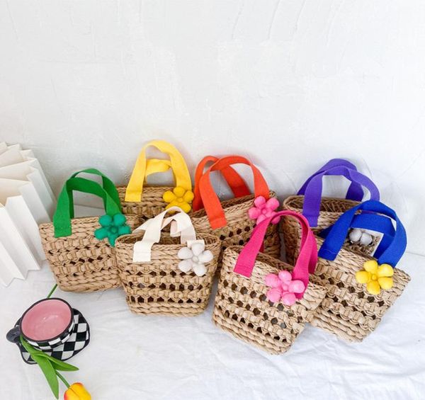 

children summer braiding handbag girl 3d flowers candy color beach one shoulder bags kids flower straw woven bag f11329441204, Black