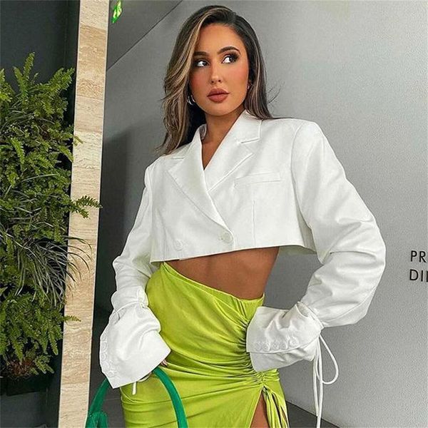 

pants yimunancy women blazer v neck long sleeve cropped blazer 2021 autumn chic button lace up turndown collar outwear, White