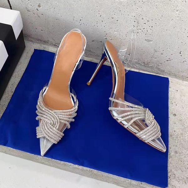 

designer brand women pumps rhinestones high heels transparent sandals slingbacks pointed toe party bride wedding shoes ladies, Black