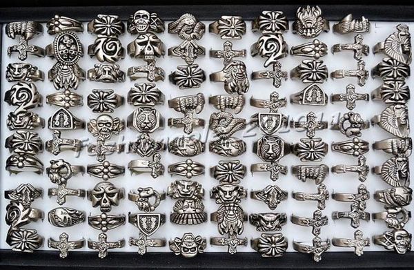 

100pcs gothic mixed styles carved biker silver tone alloy rings r382 new jewelry3780030