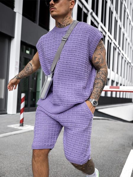 

men's suits blazers 2023 summer men's fashion set knitted solid color loose set two piece men's casual o-neck zipper and shor, White;black
