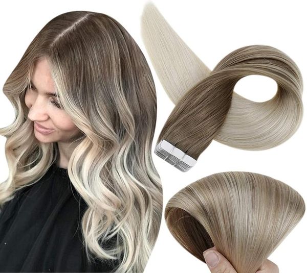 

fshine balayage tape in hair extensions 12 inch human hair tape in extensions pu tape in hair extensions color 8 ash brown fading 1317897, Black
