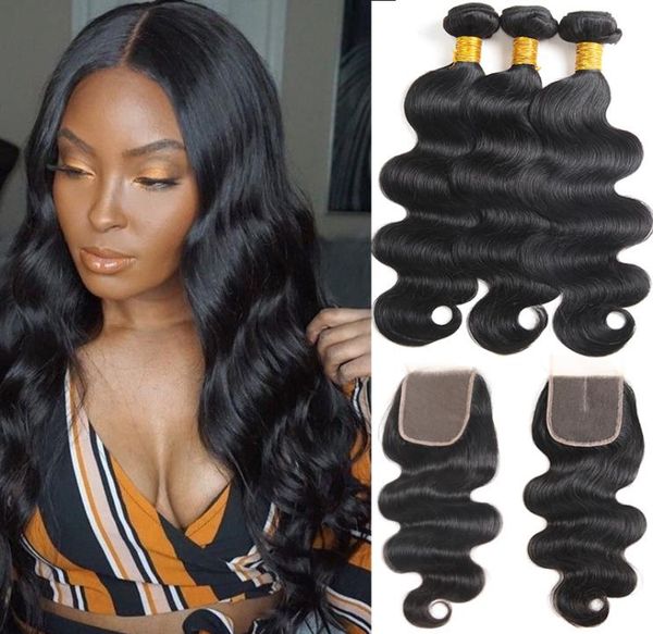 

brazilian virginhair body wave 3 bundles with closure indian remy human hair 3 bundles with middle closure hair extensions bo8254666, Black