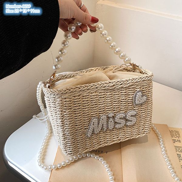 

Factory sales shoulder bags 2 colors summer beach holiday stereotypes woven handbag sweet beaded chain bag small fresh Pearl beach mobile phone coin purse 465#, Beige