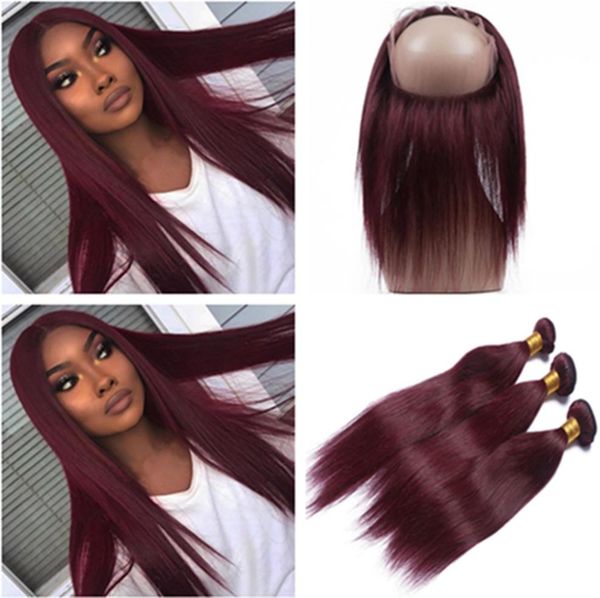 

99j wine red pre plucked 360 lace frontal closure with 3bundles straight peruvian burgundy virgin human hair wefts with 360 front3067408, Black;brown