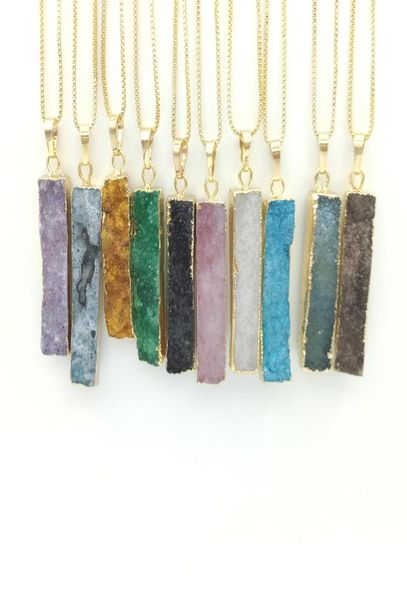 

jln geode druzy agate necklace long bar rectangle genuine quartz stone natural pendant with brass chain jewelry for women6714275, Silver