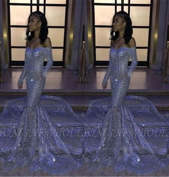 

black girl silver sequins offtheshoulder mermaid prom dresses long sleeves sweep train reflective evening gowns bc3306 03288708353