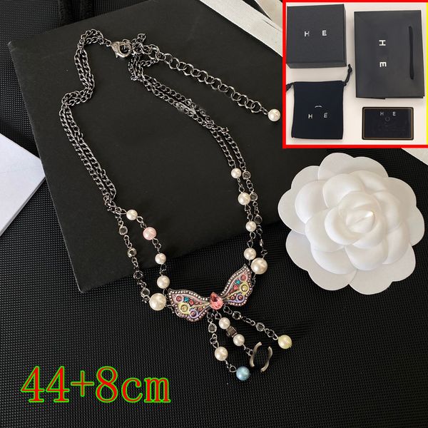 

18k gold plated brass copper butterfly pendant necklace women high-end designer brand letter necklaces choker chain crystal imitation pearl, Silver