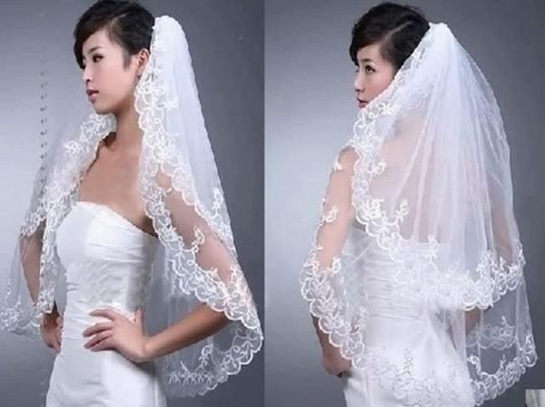 

2019 new style in stock elegant two layers short lace wedding veils tulle white ivory 2210680, Black