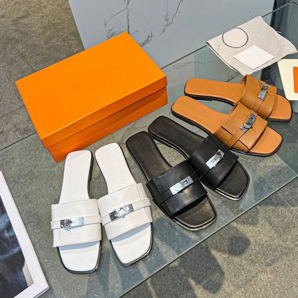 

new slippers women's famous brand silver buckle slippers sandals low heel light luxury beach shoes letter candy waterproof anti slip ou, Black