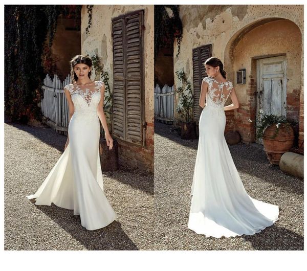 

sleeveless see through neck appliqued lace wedding dresses 2020 mermaid train illusion boho bridal gown dress white ivory3390863