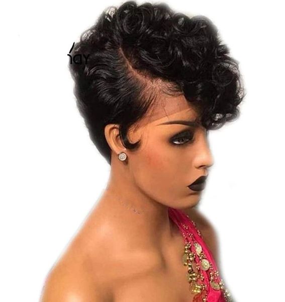

13x4 short human hair wigs for black women pre plucked bob pixie wig remy brazilian glueless lace front human hair wigs 150 densi1318621, Black;brown
