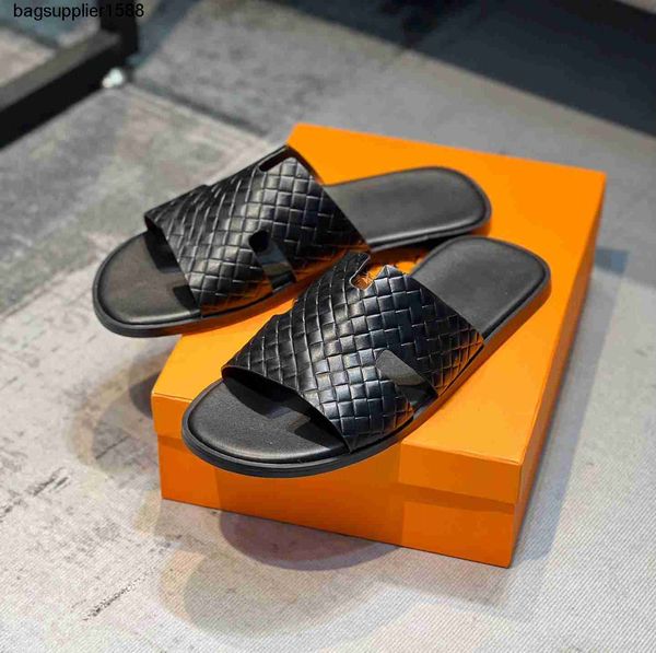 

men slippers designer leather sandals izmir flip flop oran heritage calfskin sandals summer lazy large beach casual slides, Black