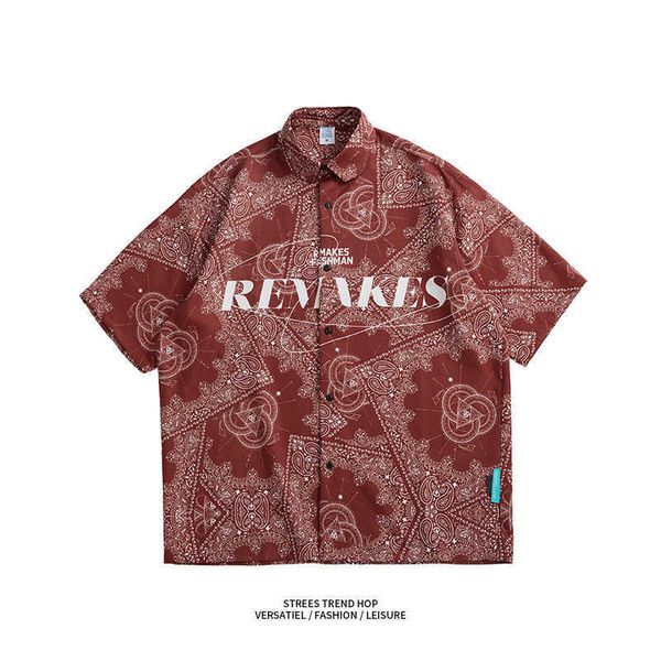 

personality customized loose street style bohemian style printed cuban shortsleeved men's shirt casual shirts print pattern men wgf, White;black