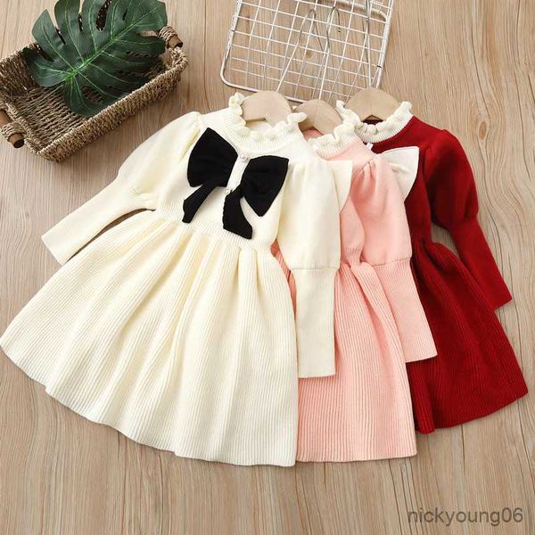 

girl's dresses girls' woolen dress children's clothing knitted autumn winter new bow fashionable long for baby girls r230607, Red;yellow