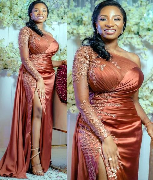 

2021 plus size arabic aso ebi one shoulder mermaid prom dresses lace beaded high split evening formal party second reception bride2899395, Black