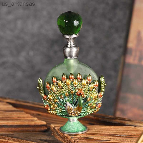 

fragrance 1pc vintage 7ml peacock refillable empty perfume bottle metal enamel peacock display decor emerald cap green glass dripper gift l2