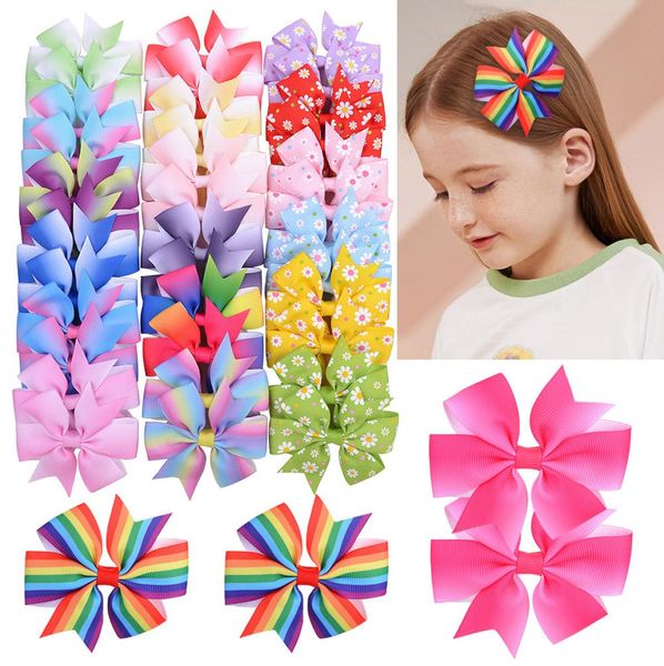 

baby girls bowknot hairpins flower rainbow grosgrain ribbon bows with alligator clips childrens hair accessories kids boutique bow2300544, Slivery;white